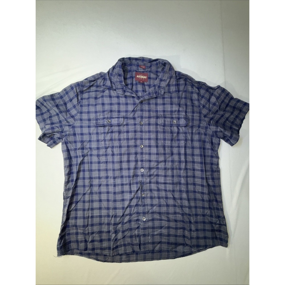 Alesbury Short Sleeve Button Down Shirt Plaid Mens Size 2XL Cotton Blue‎ Grey
